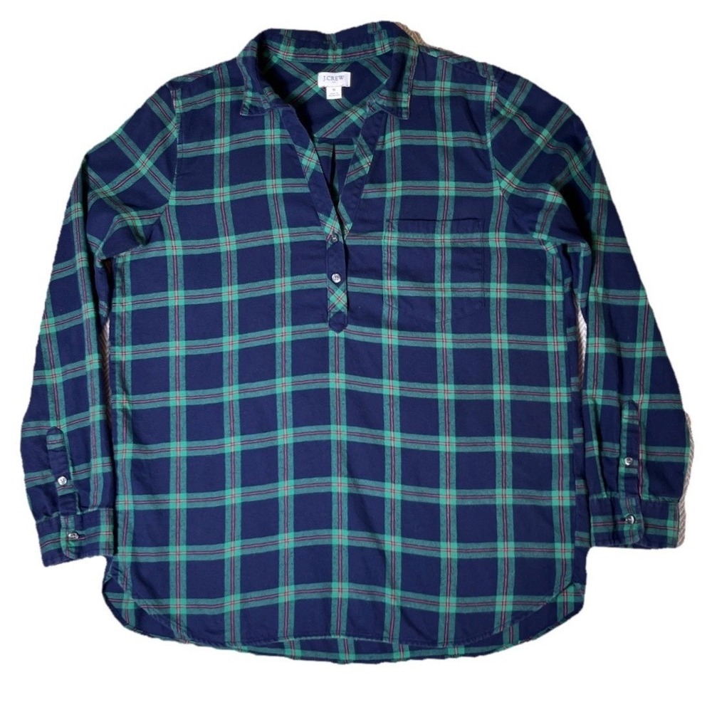 J Crew Womens Small 100% Cotton Flannel Shirt Navy Green Tartan Plaid Popover